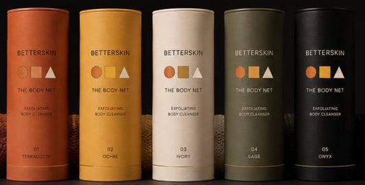 THE BODY NET — gamme BetterSkin en cinq teintes (Terracotta, Ocre, Ivoire, Sauge, Onyx)